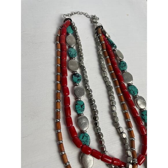 Navajo Multi-strand Necklace Turquoise Wood Bead Silver Oval Western Jewelry - Picture 4 of 9
